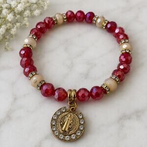Saint Benedict Medal Red Crystal Beaded Stretch Bracelet Rhinestone Religious